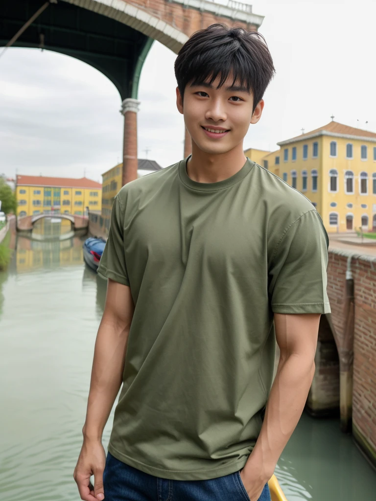 独奏: 1.5, (As a matter of fact, Masterpiece, 8k HD, good light quality, sportswear, fit the face, complicated details), A handsome Korean young man with muscular arms. , 20 years old, be happy, smile brightly, detailed face, delicate eyes, look at the sky, Wear a tight green t-shirt.:1.6 ,Wear a denim coat., jeans period, black eyes, Black hair color, ผมsmooth, smooth,Surreal,Awesome details,Highest quality,real,Open your mouth to talk. , Close your eyes., (Standing beside the canal bridge:1.5)