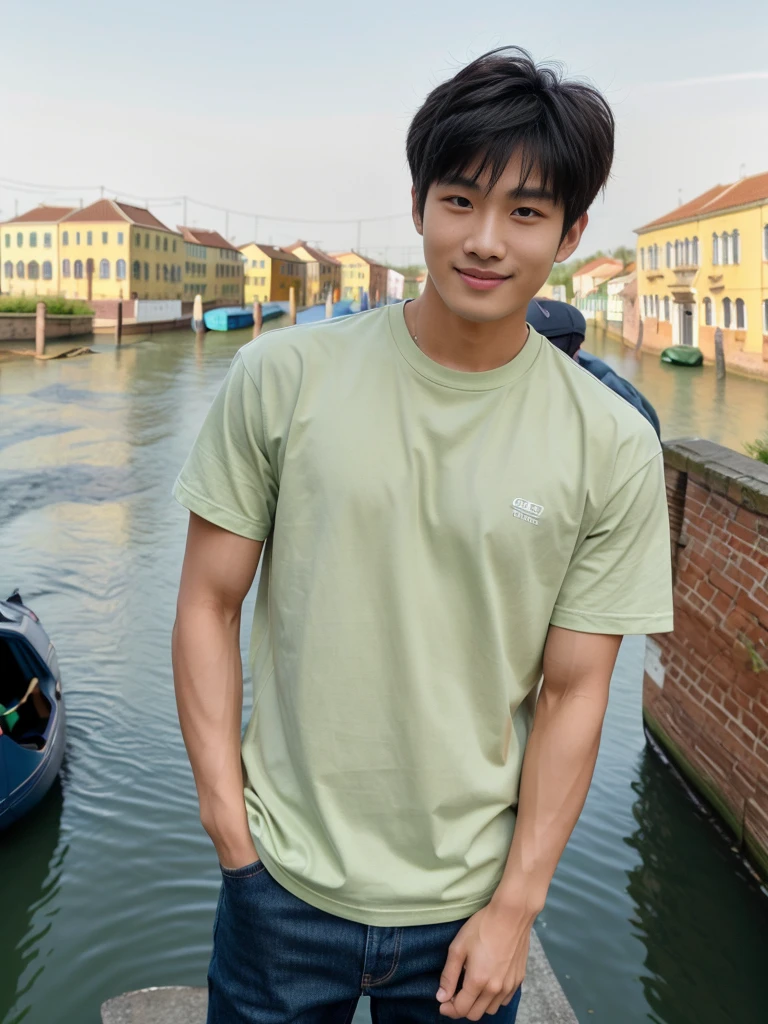 独奏: 1.5, (As a matter of fact, Masterpiece, 8k HD, good light quality, sportswear, fit the face, complicated details), A handsome Korean young man with muscular arms. , 20 years old, be happy, smile brightly, detailed face, delicate eyes, look at the sky, Wear a tight green t-shirt.:1.6 ,Wear a denim coat., jeans period, black eyes, Black hair color, ผมsmooth, smooth，Surreal，Awesome details，Highest quality，real，Open your mouth to talk. , Close your eyes., (Standing beside the canal bridge:1.5)