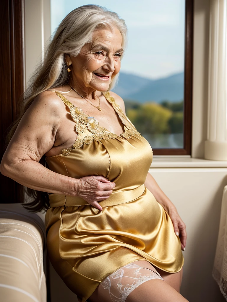 Mature old woman 80 years with long hair, plus size, old face and body with many wrinkles, loose skin, smiling standing on plain with beautiful view, posing for photo, She wearing short gold dress with white pattern and white lace stockings, side view. jaw dropping mature older beauty, old face and body with wrinkles, old face, attractive grandma, a gorgeous old hair, beautiful old grandma, lovely older mature grandma, gorgeous beautiful grandma over 80 years old, beautiful long hair grandma, beautiful detailed body and face, a beautiful old granny