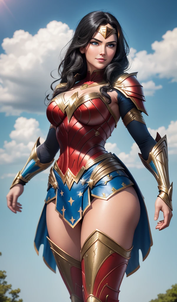 Wonder Woman flying in the sky, sunshinein thebackground, perfect armor costume, extremely big upturned buttock, back angle view, extremely black hair, smooth curves, extremely beautiful blue eyes, beautiful smile 