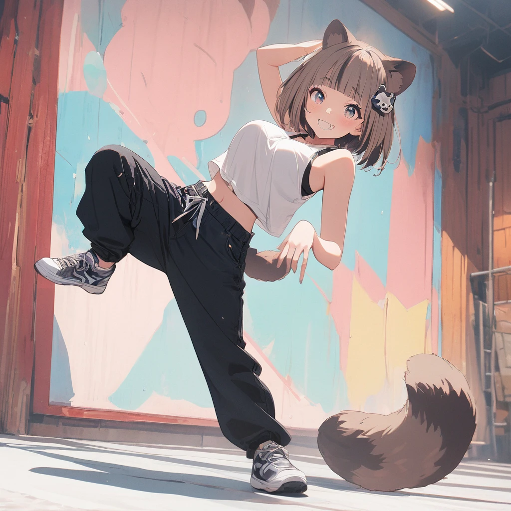 (best quarity,ultra detailed,ultra-high-resolution, absolutely resolution,8k, masterpiece),anime,(pale colors:1.8),wide shot, 1girl, solo, fullbody, cat mouth, dynamic angle, grin, smile, fang, breaking dancing, blue hair, bobcut, straight hair, racoon ears, racoon tail, (brown streaked hair:1.3), (blunt bangs) ,thick eyebrows, big breast, tanktop, sneakers, racoon tattoo, cutout, flower hair ornament, striped background, shadow, 
