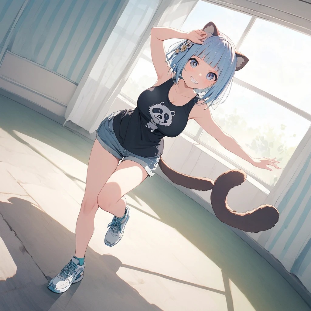 (best quarity,ultra detailed,ultra-high-resolution, absolutely resolution,8k, masterpiece),anime,(pale colors:1.8),wide shot, 1girl, solo, fullbody, cat mouth, dynamic angle, grin, smile, fang, breaking dancing, blue hair, bobcut, straight hair, racoon ears, racoon tail, (brown streaked hair:1.3), (blunt bangs) ,thick eyebrows, big breast, tanktop, sneakers, racoon tattoo, cutout, flower hair ornament, striped background, shadow,