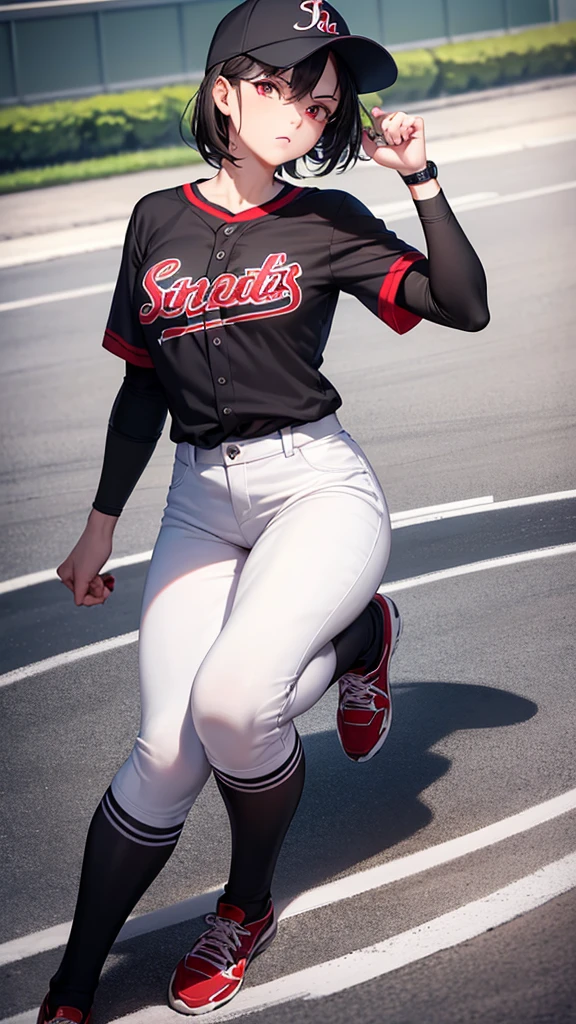 ( Absurd , high quality , Super detailed, Watch your hands )Black short hair,Red eyes,Small breasts,Baseball uniform,Black baseball cap,holding a baseball in the right hand,Wear a baseball glove on your left hand,Long sleeve,White trousers,One ,Primary school students,Baseball Ground,Serious face,Running