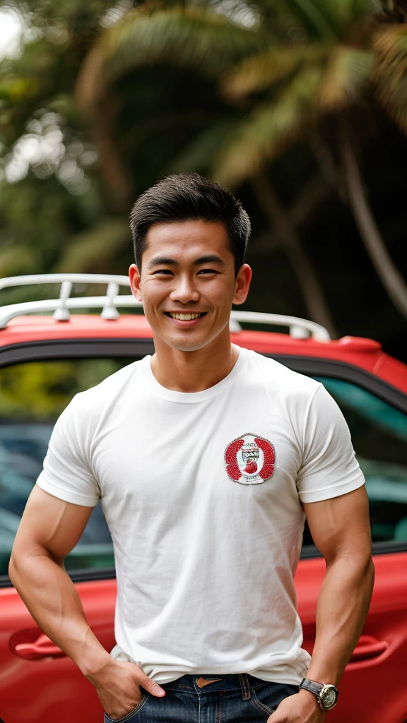 Thai man ,man,He is about 30 years old..,Rough and handsome appearance,large breastsj,Big waistline,buzz cut, angry, sullen, best quality, Masterpiece,(Have muscles:4.5),(best quality,high resolution,Masterpiece:1.2),The eyes are natural and delicate..,1 person,alone,gay asian,muscle,Long legs,brave,short hair details,conjunctivitis ,strong,brown eyes, (outdoor background car :1.5),in the market,sit (red and white t-shirt:1.3),Jeans ,smile