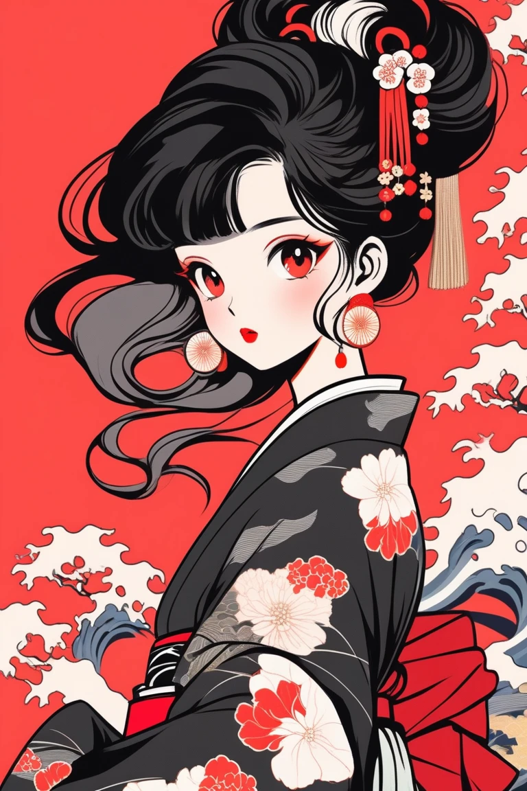 (Highest quality, sketch:1.2),Realistic,Illustrator,anime,1 Girl, Detailed lips, kimono,custom, Black and red gradient background,Neon Hair,Texture Cropping, masterpiece, Style: Retro Classic, Black Style , Japanese style 