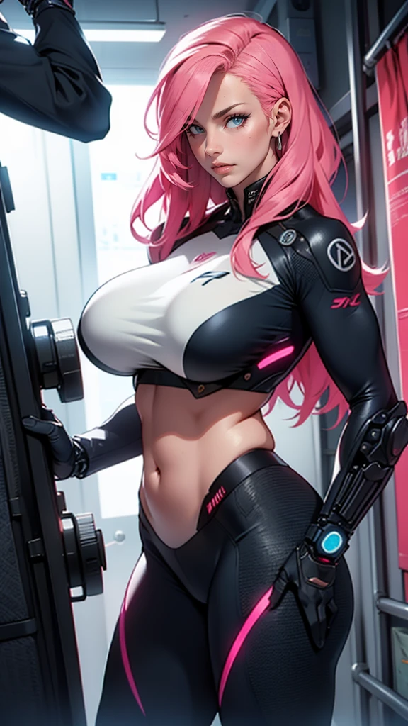 , woman in a futuristic suit, high-detailed face, great, mom, tomboy, very big chest, (milfature fmature woman), cibernIt istico, anime girl wearing tight suit, milificação, elegant body, focus on the navel, mitts, aretes, Science fiction, female protagonist, de pIt is, luz volumIt istrica, detailed lighting, detailed textures, cyberpunk oppai, Biomechanical OPPAI, work of art, best quality eyes, sci-fi rugground, futuristic landscape, Low angle, (Look to the camera), long hair、smooth surface, pink hair, blue colored eyes, (((rug))), (((It is))), very long hair pink, massive long hair, cabelo atIt is os joelhos