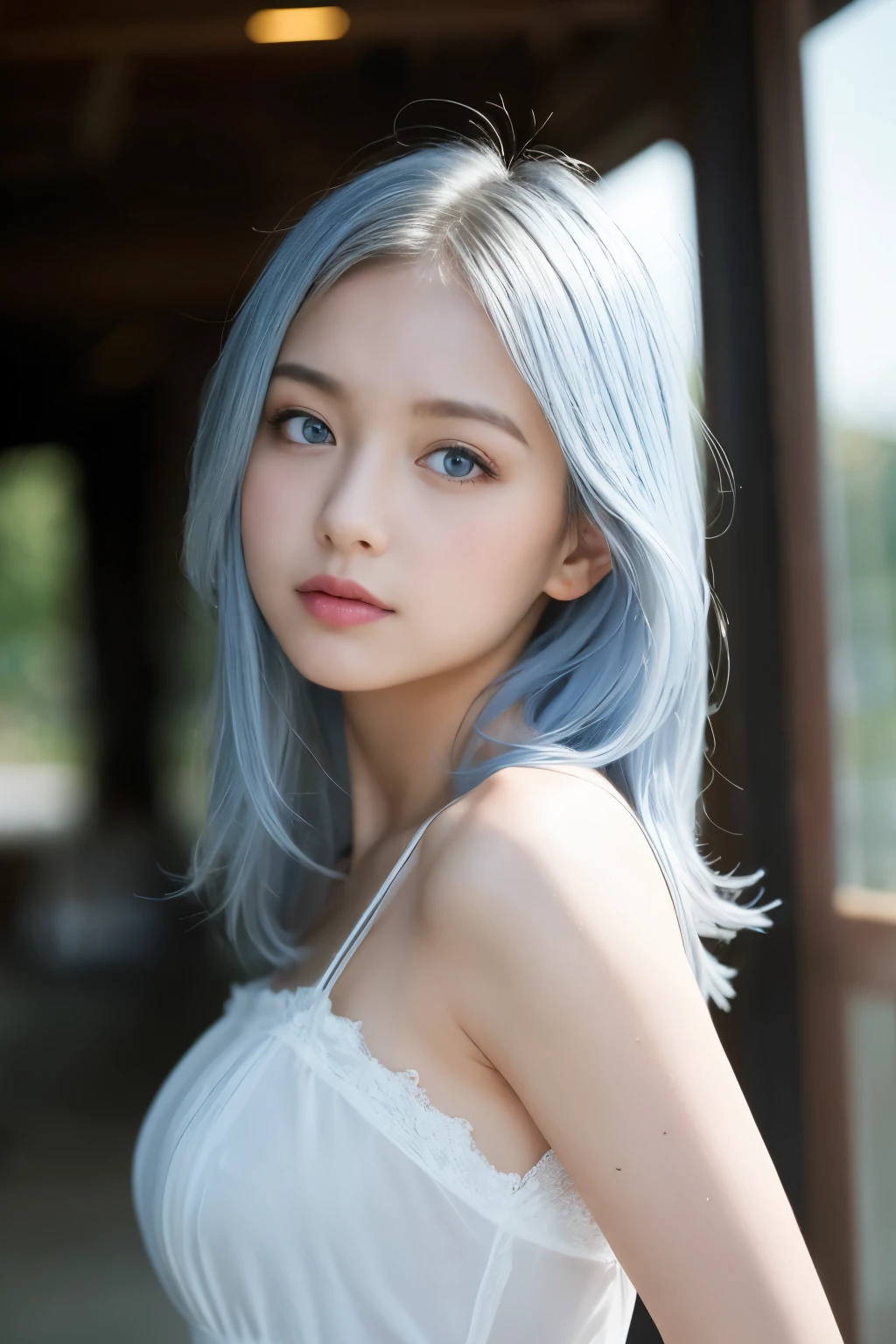 ulzzang-6500-v1.1,(RAW Photos:1.2), (Photorealistic), (See-through:1.3), (Genuine:1.4), ((masterpiece)),(Very realistic, High resolution, Detailed face, Beautiful Eyes), ((Glowing silver hair))、((blue eyes))、Pure beautiful girl、Cute droopy eyes Beautiful big eyes, Are standing、Shot from the side、(White see-through dress), The silhouette of the body is visible in the backlight、