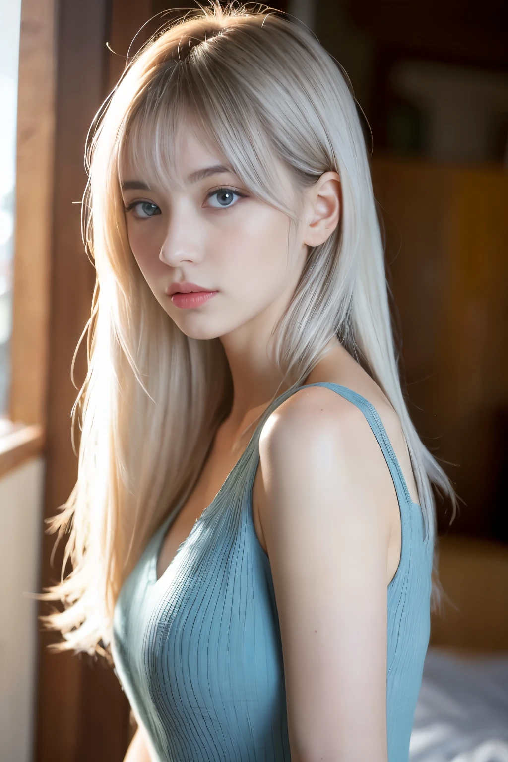 ulzzang-6500-v1.1,(RAW Photos:1.2), (Photorealistic), (See-through:1.3), (Genuine:1.4), ((masterpiece)),(Very realistic, High resolution, Detailed face, Beautiful Eyes), ((Glowing silver hair))、((blue eyes))、Pure beautiful girl、Cute droopy eyes Beautiful big eyes, Are standing、Shot from the side、(White see-through dress),　The silhouette of the body is visible in the backlight、