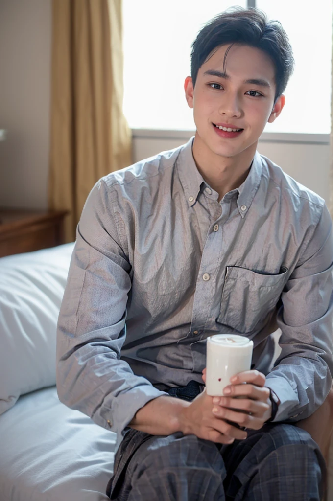 ((Highest quality, 8K, Masterpiece: 1.3))、Thailand Laos Burma Asia, Thai man, A handsome Asian rugby player with short hair, a muscular beard, and big muscles., １A man who has、 yo、Good appearance、Beautiful nose、smile、 Detailed eyes and face、beautiful light、(studio)、high resolution、（Look at the viewer.）、Fine mouth、smile、whole body: 1.5, perfect shape: 1.3, looking at camera ,Gray button-down shirt , bedroom sunlight looking at the sea