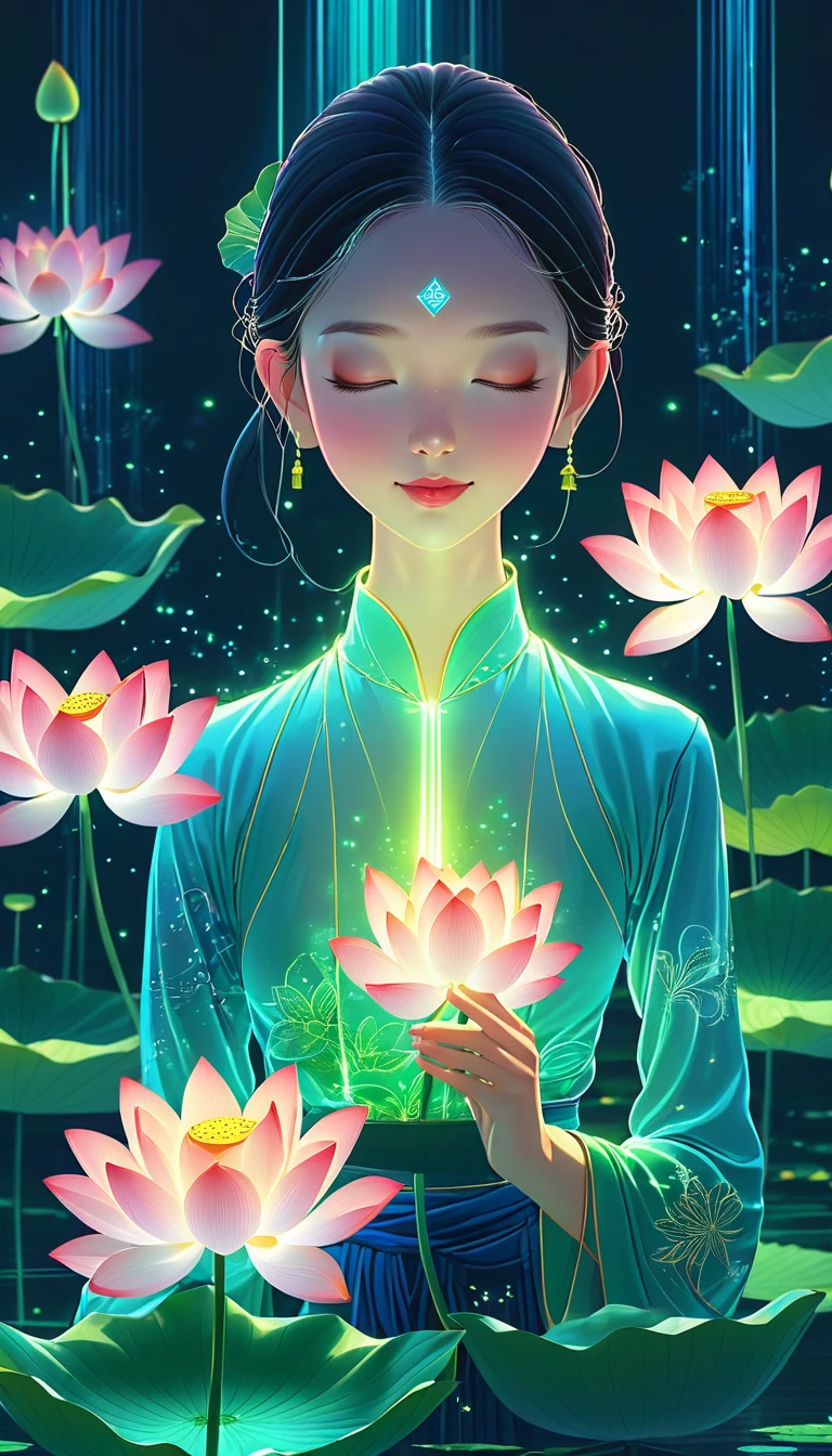 (masterpiece, best quality:1.2), In digital art style, charming illustration,peaceful picture,1 girl, tall lotus,alone,body glow,Glowing lines,fluorescence,glow example,Example tracking,flash,萤light particles,Backlight,Translucent,light particles,Correct human anatomy,