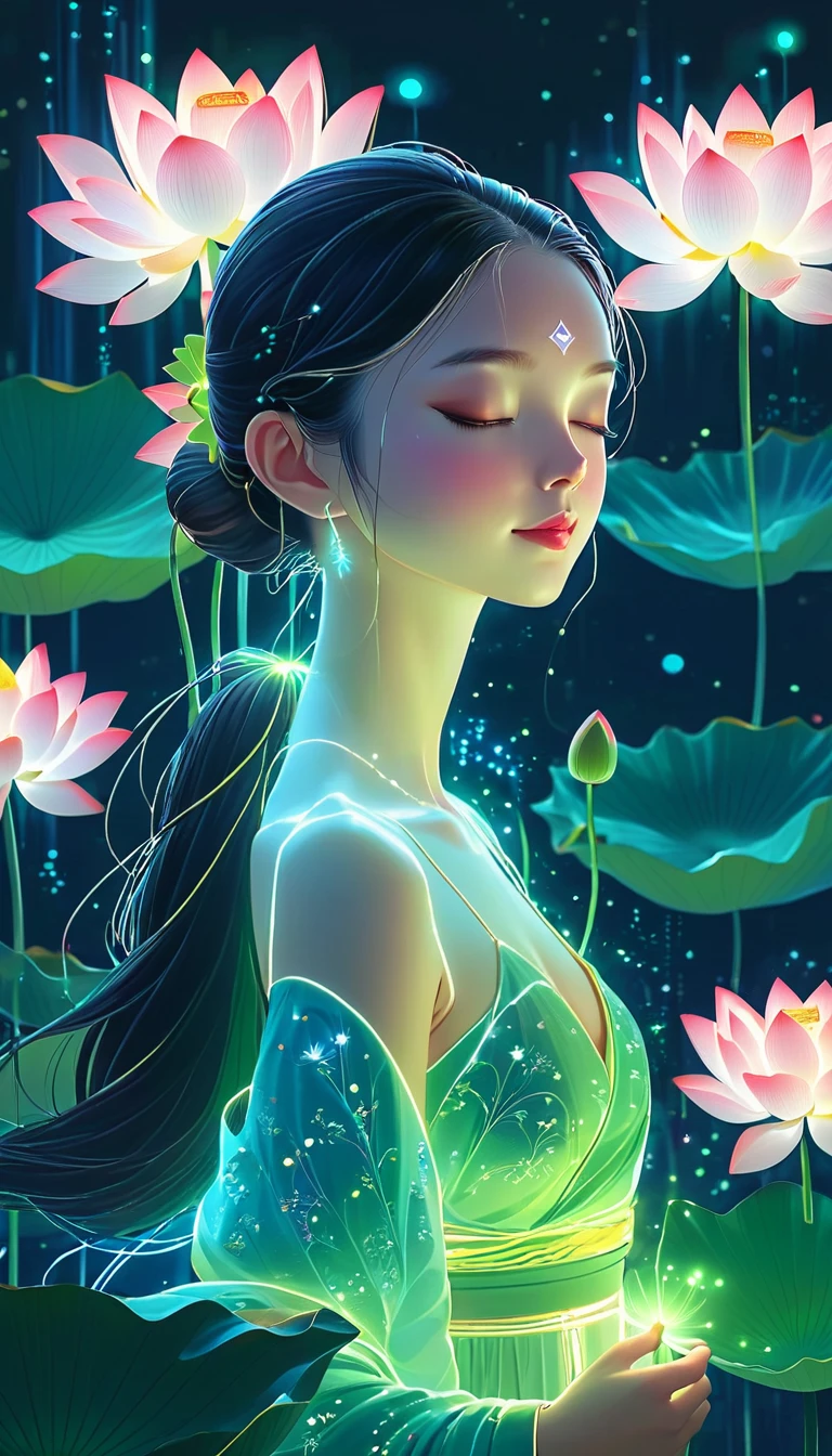 (masterpiece, best quality:1.2), In digital art style, charming illustration,peaceful picture，1 girl, tall lotus，alone，body glow，Glowing lines，fluorescence,glow example，Example tracking，flash，萤light particles，Backlight，Translucent，light particles，Correct human anatomy，