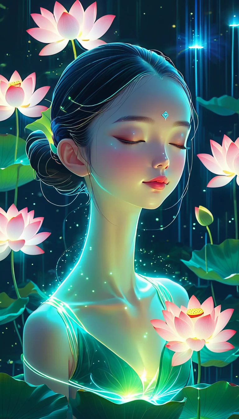 (masterpiece, best quality:1.2), In digital art style, charming illustration,peaceful picture，1 girl, tall lotus，alone，body glow，Glowing lines，fluorescence,glow example，Example tracking，flash，萤light particles，Backlight，Translucent，light particles，Correct human anatomy，