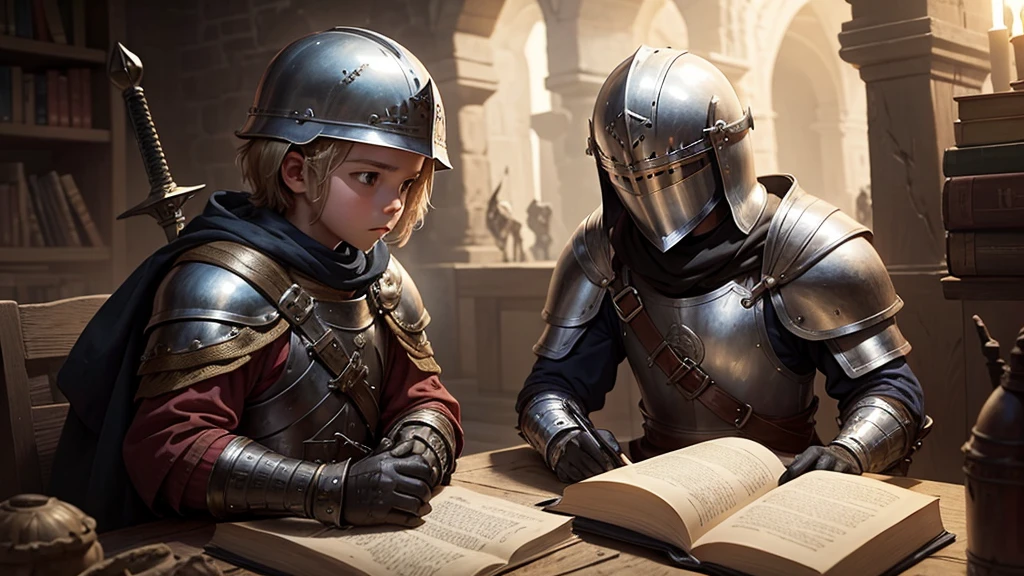 Boy in medieval armor, helmet, shield and a book in the hand from which I give a Spiritual Sword, War in the air against Light and Dark