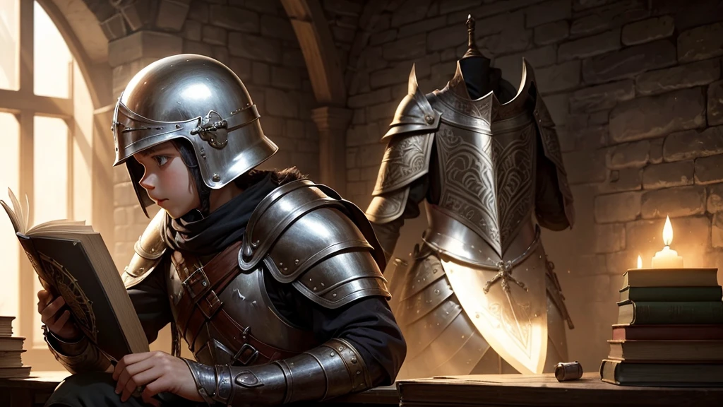 Boy in medieval armor, helmet, shield and a book in the hand from which I give a Spiritual Sword, War in the air against Light and Dark