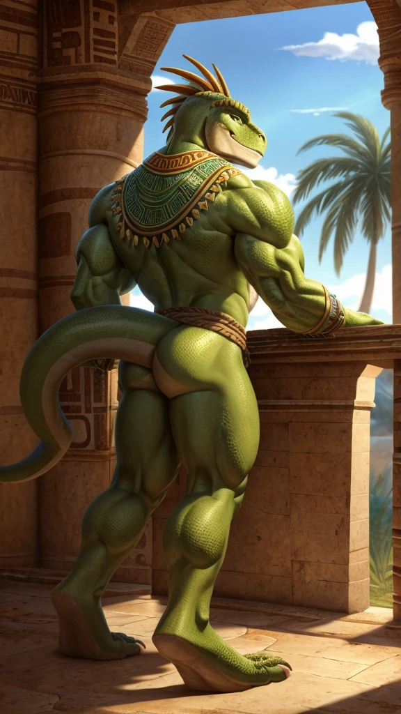 A muscle green male lizard , a muscle green male lizard with full aztec clothes , showing his butt, seductive face, show legs