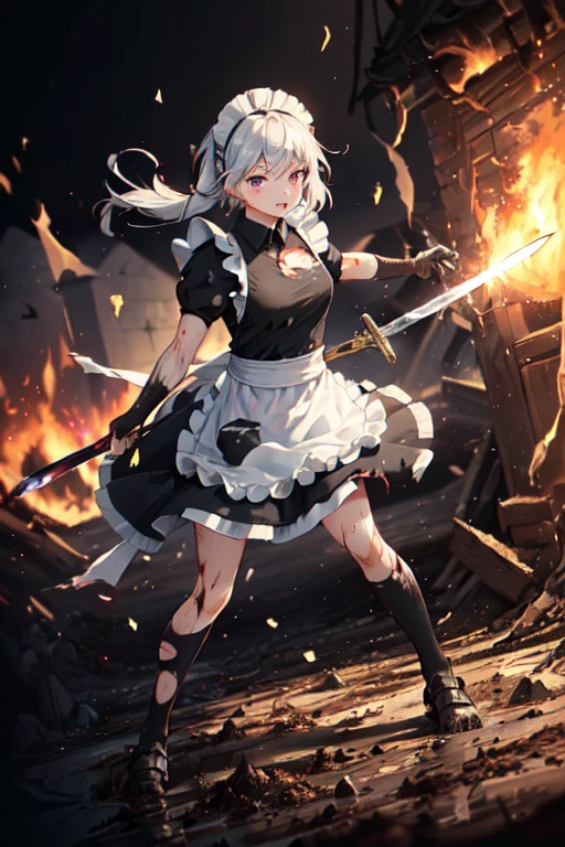 ((Highest quality:1.6)), ((Ultra-high resolution:1.6)), ((masterpiece)), (detailed:1.4), (detailedな顔), girl, cute, strong, Serious, Small breasts, Silver Hair, Fighting with a large sword, (black and white maid outfit, Black Dress, Headband, Long, Classic, Short sleeve), scratch, Blood, ((Apron is torn:1.4)), ((衣服に剣で斬れたscratch:1.6)), Fighting with a giant sword, (剣の斬撃によるscratch:1.6, Hit:1.6), Combat Ready, (Damage to waist apron:1.6), Big crisis, being cornered, 燃えているbattlefield, battlefield, explosion, Flaming, war, (Severe dirt all over the body:1.4, Covered in mud, Covered in charcoal:1.6), (Shabby maid:1.6), Holding a two-handed sword, Pointing the blade at the enemy, Tsuba competition, Suppress the enemy, Swinging a sword with both hands, Shootout, I continue to protect it alone, 
