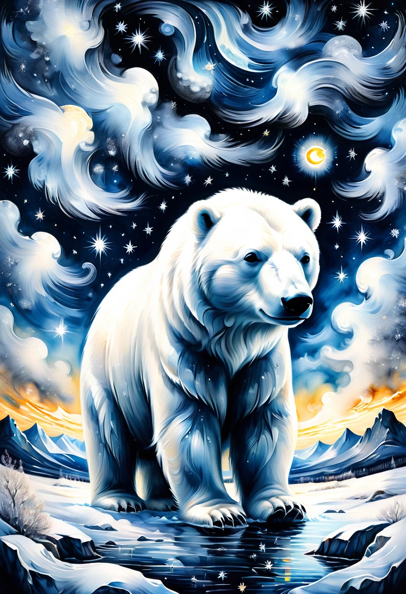 Black and white simple painting,Arctic Landscape,Polar Bear,detailed pattern,Lovely,charming,masterpiece,detailed,Rendering,Oil paints,watercolor,general brushStrokes,Stroke,masterpiece,最高masterpiece,Beautiful starry sky