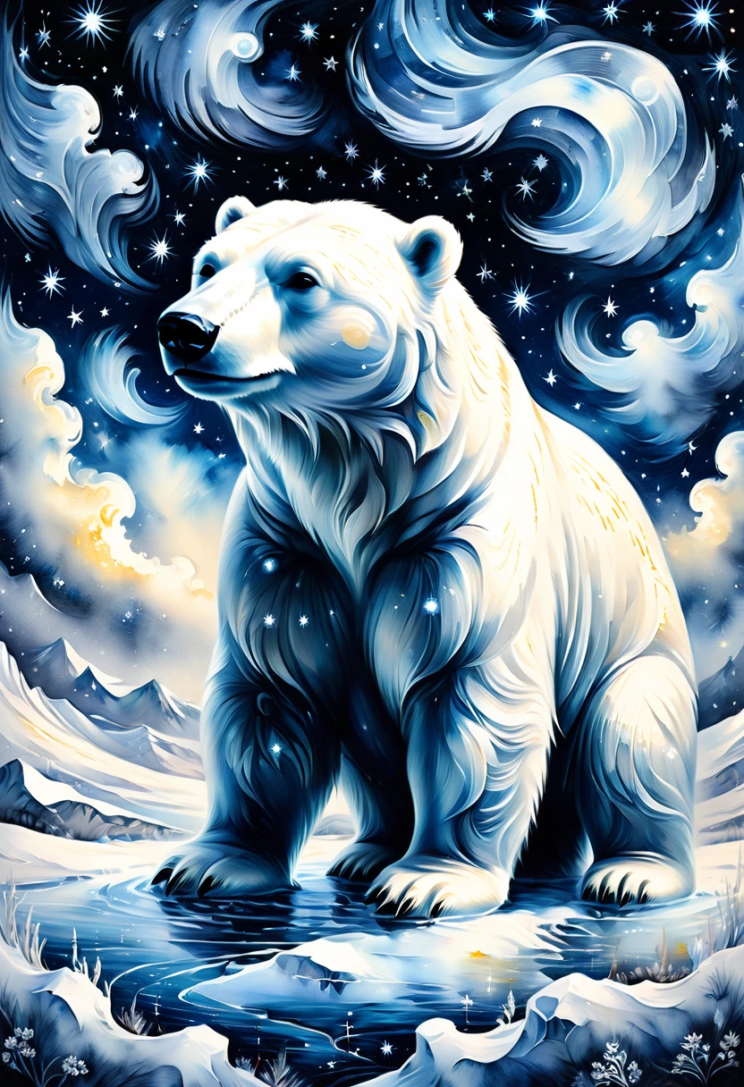 Black and white simple painting,Arctic Landscape,Polar Bear,detailed pattern,Lovely,charming,masterpiece,detailed,Rendering,Oil paints,watercolor,general brushStrokes,Stroke,masterpiece,最高masterpiece,Beautiful starry sky