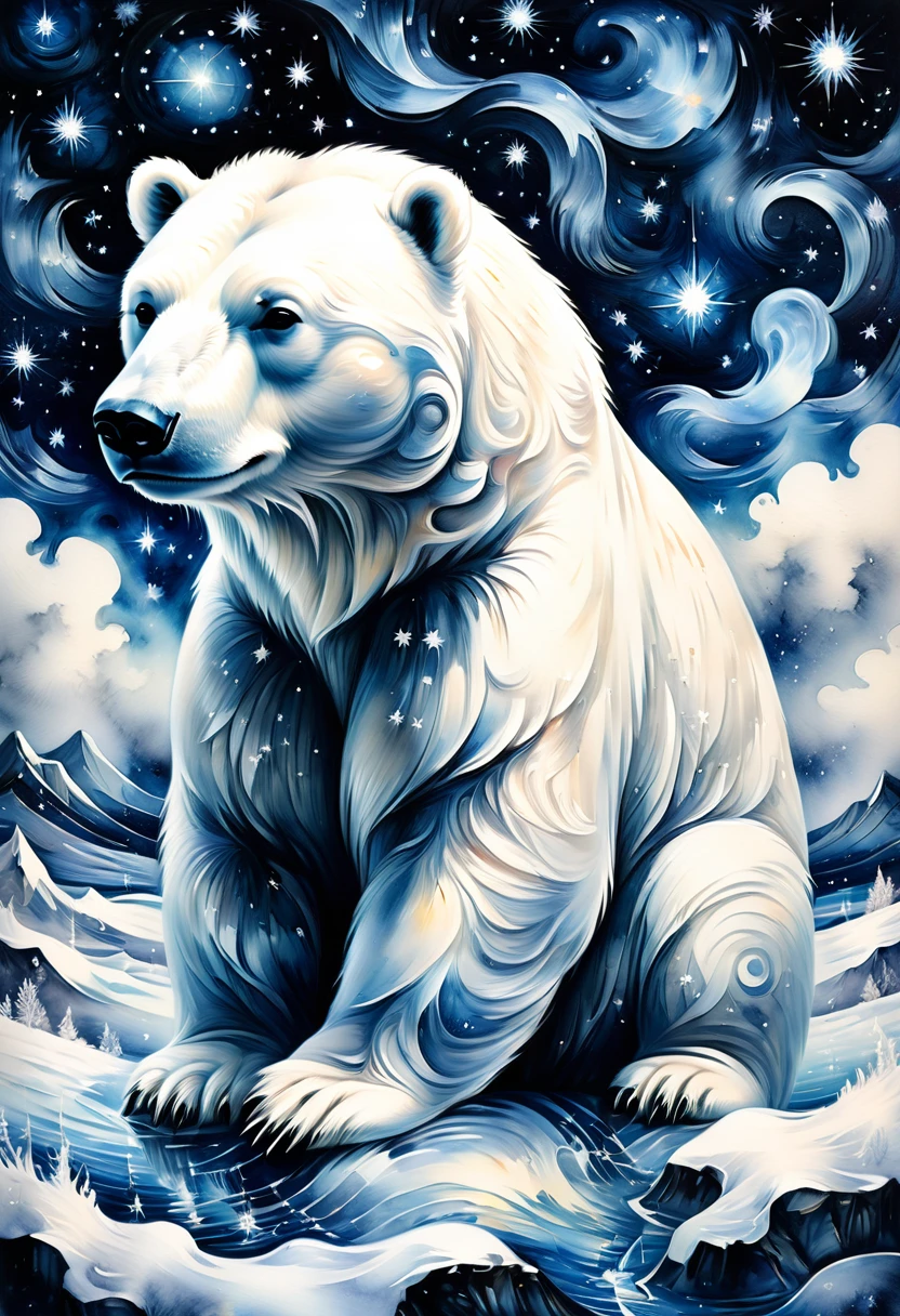 Black and white simple painting,Arctic Landscape,Polar Bear,detailed pattern,Lovely,charming,masterpiece,detailed,Rendering,Oil paints,watercolor,general brushStrokes,Stroke,masterpiece,最高masterpiece,Beautiful starry sky