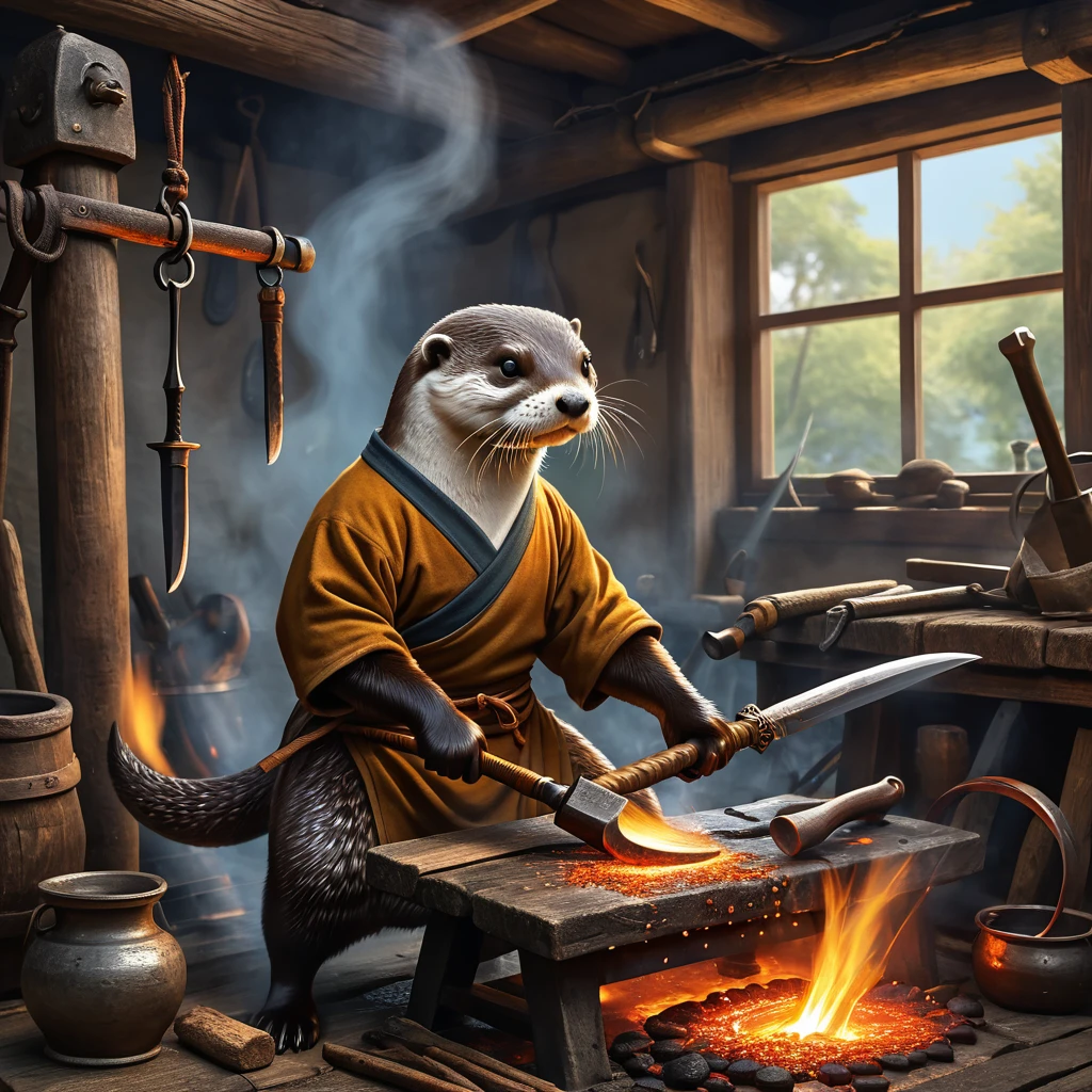 Anthropomorphic eels and otters Heat the iron and hit it with a hammer、Image of a swordsmith forging a knife