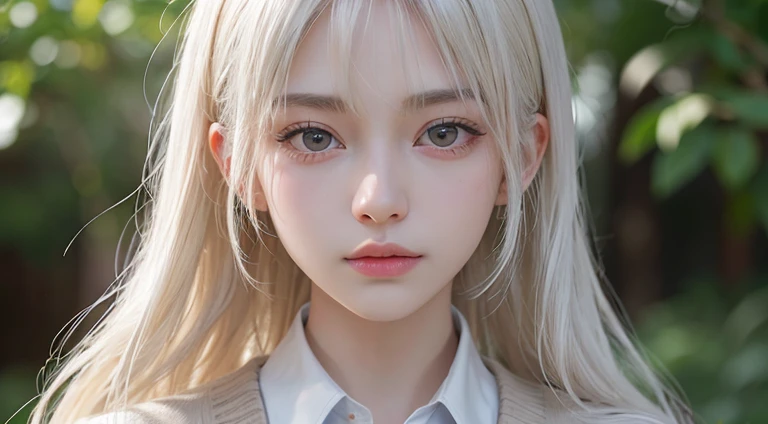 (Long Hair, bangs, Platinum Blonde Hair:1.2),(Wear a cardigan over a collared shirt:1.2),1 girl,Japanese,21 years old,(Small breasts:1.3),(Highest quality,masterpiece:1.3,超A high resolution,),(Ultra-detailed,Caustics),(Photorealistic:1.4,RAW shooting,)Ultra-Realistic Capture,Very detailed,High resolution 16K human skin close-up。 Natural skin texture、,Pores、、It needs to be detailed enough to be easily identifiable。 Skin should be even-toned and healthy looking。 Use natural light and colour, Sad expression, Looking at the camera, Perfect dynamic composition, Outdoor