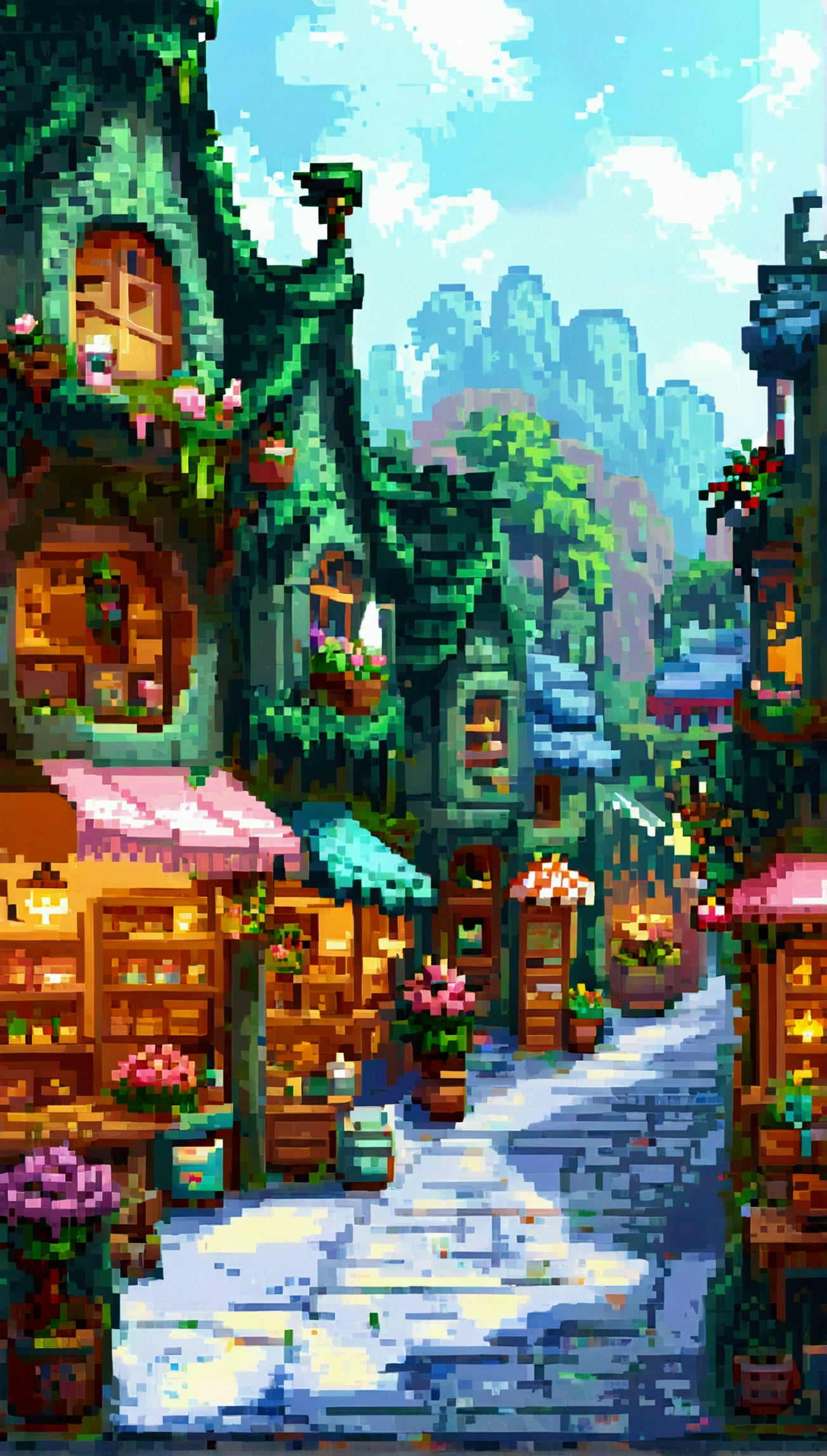Pixel art for fantasy streets, Lovely shops everywhere，Such as a florist, baker shop, and more. Use a single pallet. Each shop is decorated in light colors.   The streets are full of cute fantasy creatures, Like elves, unicorns, And talking animals, Wander around — created using Pixlr or Aseprite software, Use light green/Pink/Blue palette—C 10