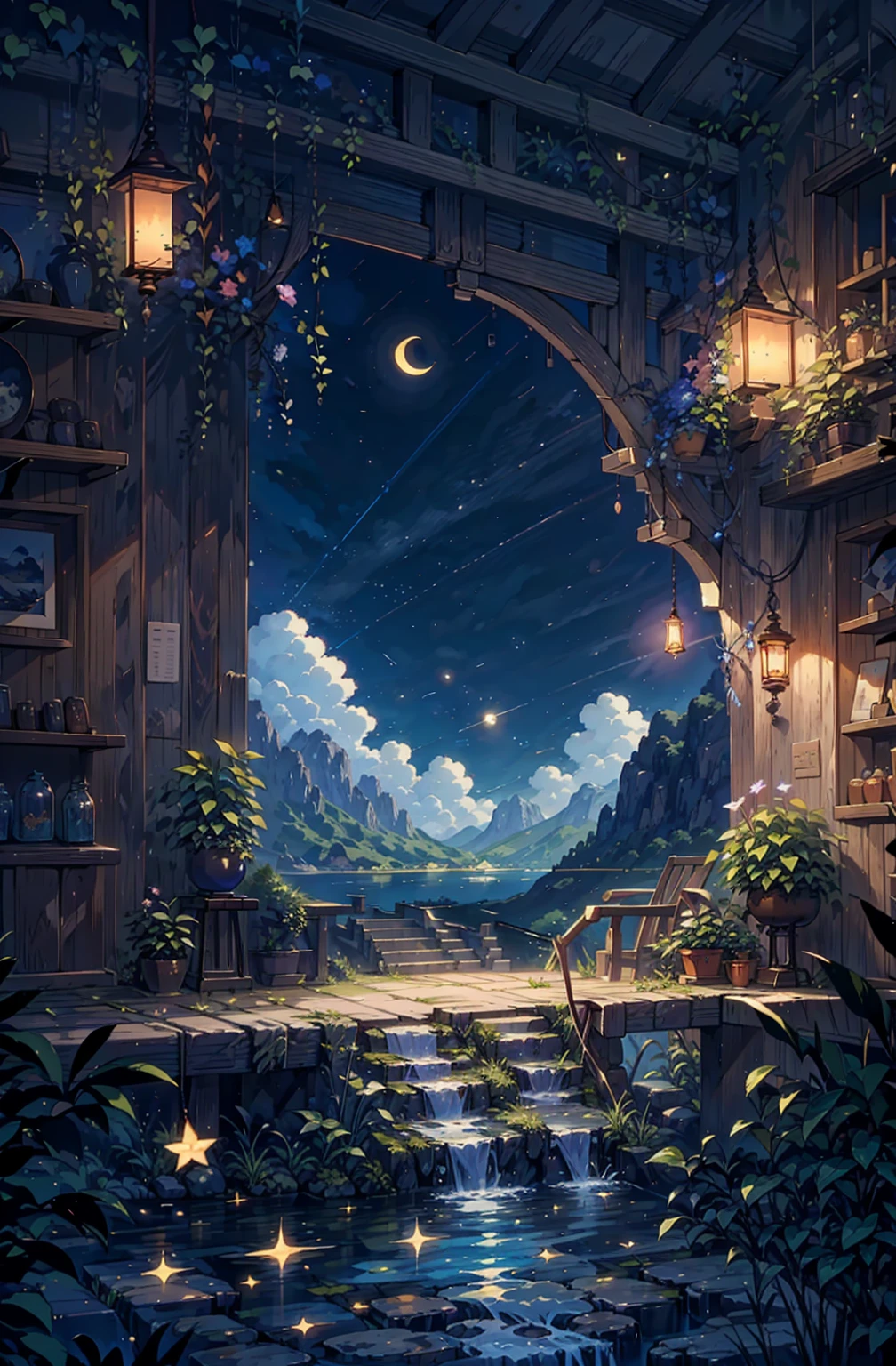 {{{Crescent Moon,Tabletop}}}, {{Highest quality, Ultra-fine illustrations, Beautiful and delicate water}}, {{Very delicate light}}, {{nature, Painting}}, {{Excellent lighting, A more transparent star, Quality Mountains々々々々々々々, Very beautiful 8K PCG wallpaper}}, (plateau), sunrise, Randomly distributed clouds, cliff, ((Rotating starry sky)), ((Lake of the mountain stream)), Glowing particles,samurai,Hold the sword,Japanese sword