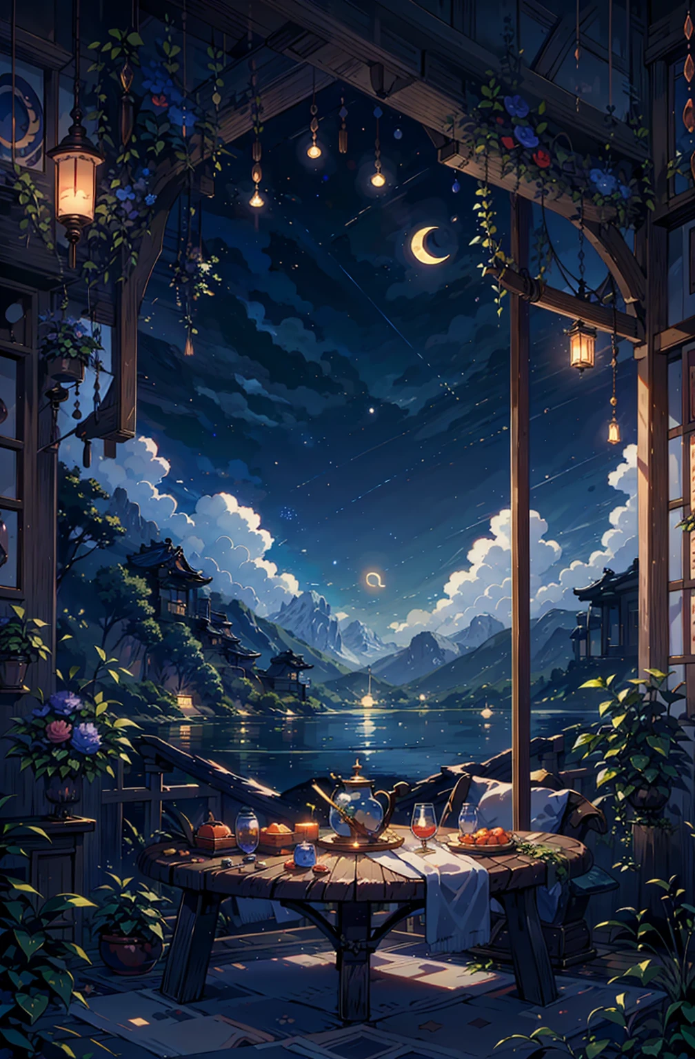 {{{Crescent Moon,Tabletop}}}, {{Highest quality, Ultra-fine illustrations, Beautiful and delicate water}}, {{Very delicate light}}, {{nature, Painting}}, {{Excellent lighting, A more transparent star, Quality Mountains々々々々々々々, Very beautiful 8K PCG wallpaper}}, (plateau), sunrise, Randomly distributed clouds, cliff, ((Rotating starry sky)), ((Lake of the mountain stream)), Glowing particles,samurai,Hold the sword,Japanese sword