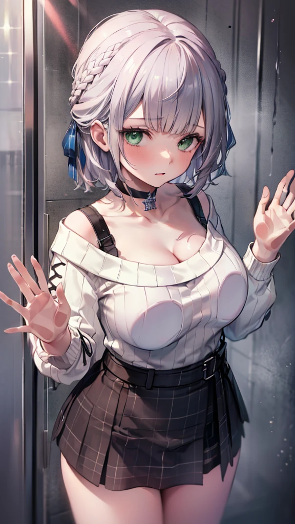 (Ultra-high resolution,masterpiece, Attention to detail, Highest quality), 8K,(ccnoel, short hair, french braid, hair ribbon, green eyes, black choker, collarbone, cleavage, off-shoulder sweater, white sweater, plaid skirt),(Blessed,Captivating body、Ultra-detailed skin、Super beautiful eyes、Detailed Background),One girl, (breasts_on_Glass,breast press, against Glass, hands on Glass),window fog, embarrassed, (no background:1.5)