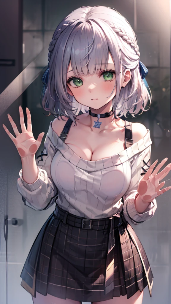 (Ultra-high resolution,masterpiece, Attention to detail, Highest quality), 8K,(ccnoel, short hair, french braid, hair ribbon, green eyes, black choker, collarbone, cleavage, off-shoulder sweater, white sweater, plaid skirt),(Blessed,Captivating body、Ultra-detailed skin、Super beautiful eyes、Detailed Background),One girl, (breasts_on_Glass,breast press, against Glass, hands on Glass),window fog, embarrassed, (no background:1.5)