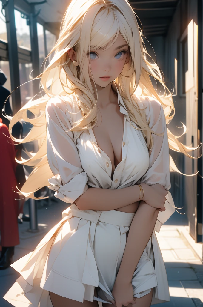 Pure white shirt,Blonde long hair,Small Bust,Cleavage,mini skirt,White panties