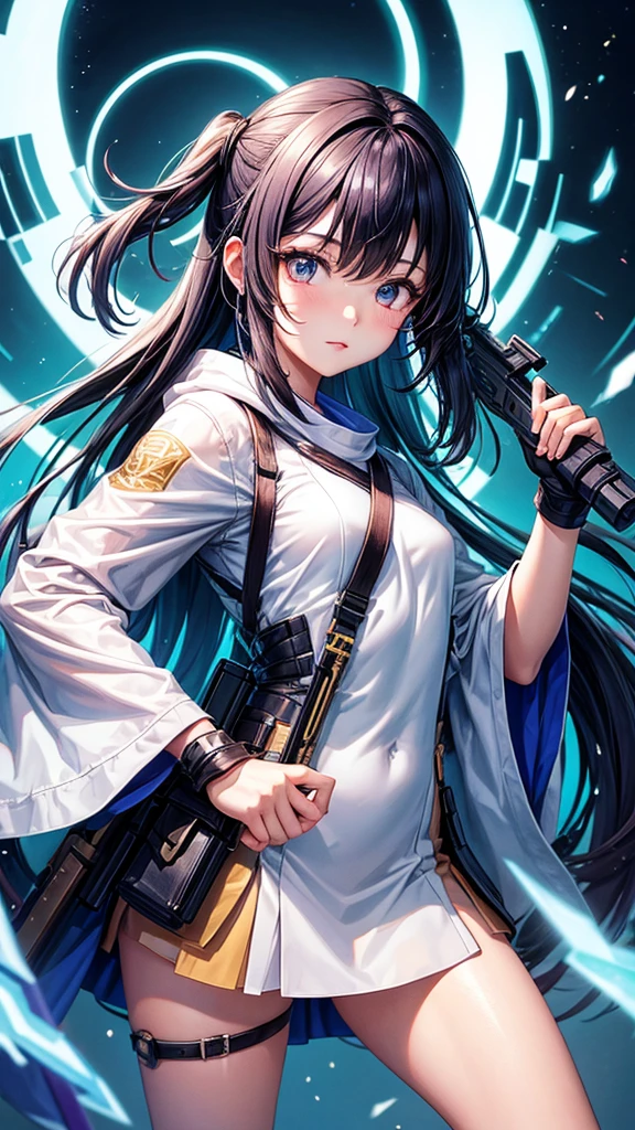 A korean girl holding a unique futuristic weapon in her hands 