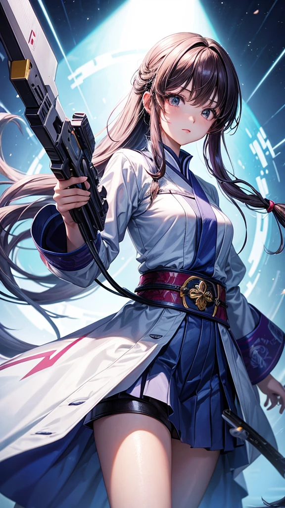 A korean girl holding a unique futuristic weapon in her hands