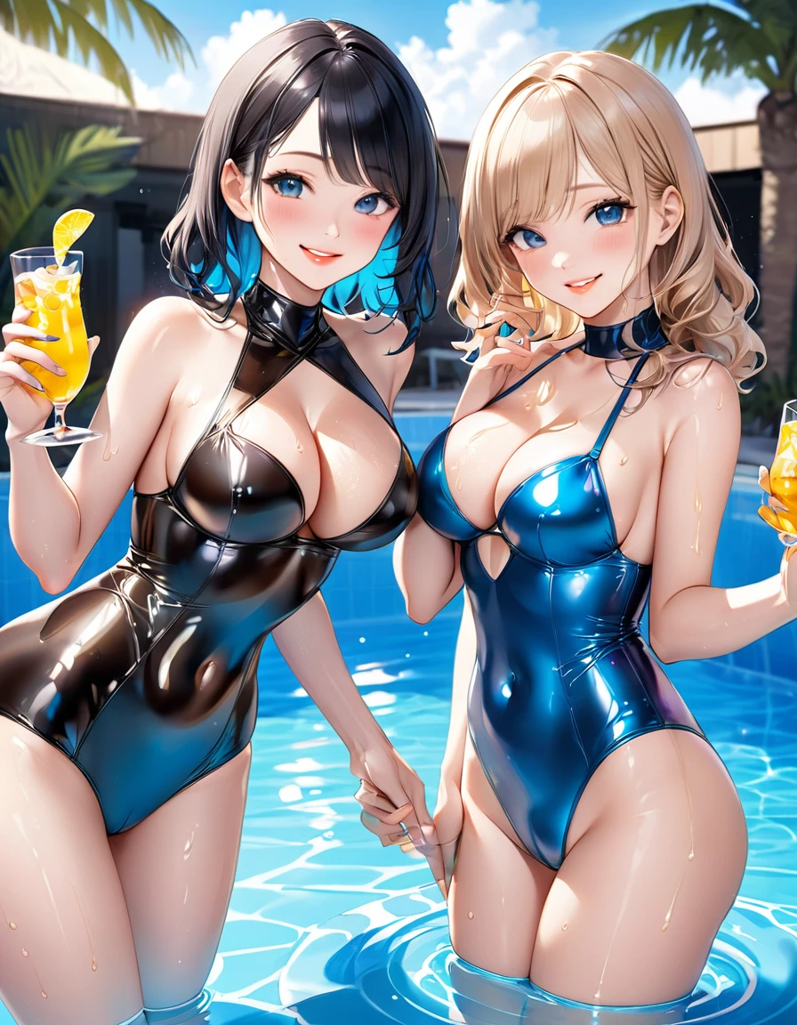 Two young beautiful women,(Highest quality,Extremely detailed depiction,Incredibly absurd high resolution,Anatomically accurate depiction,Two lovely hands, Five perfect fingers,Curvy Legs),(Glowing Skin,Shiny skin,Oilskin),Holding a glass of alcohol,Latex Swimwear,There is cleavage in the chest,Glossy Lips,In the pool,Happy smile,Sweat,background:Pool Party,blue sky