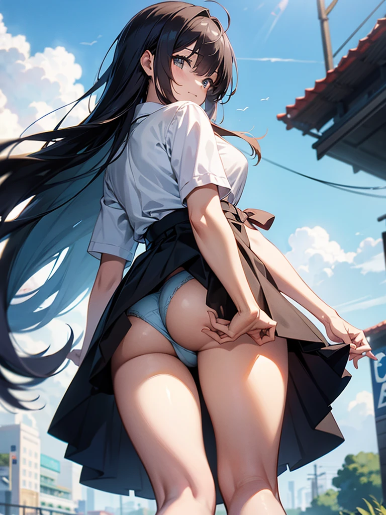 thighs thighs thighs thighs、(the Extremely Detailed CG Unity 8K Wallpapers,masutepiece, Best Quality, Ultra-detailed),Commuting to school,Unexpectedly strong wind blows, Panty Shot.from below,Skirt fluttering,turned around, panties,