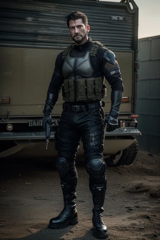 (( Frank Castle on a black Kawasaki ninja bike )),, ((30 years old)), (( stark, perfectbody, well-defined )), (( Or punisher )), (( quadrinhos da marvel )), (( modular tactical military operational ballistic vest with skull printed on the chest )), (( ACU MILITARY UNIFORM black WITH KNEE PADS )), (( Military tactical paintball gloves, black microfiber half finger )), (( puppy tag )), (( Red Dragon Motocross Knee Pad )), (( Military Boots in Leather and Canvas Cordura Extra Light Military Tactical Bmbrasil Black )), (( Hammer PRO Belica Waist Holster )), Bouncy, Bblack hair, shorth hair, cinematic lighting, hyper- realism, multiple views, Nikon, artwork, texturized skin, high resolution, 8K
