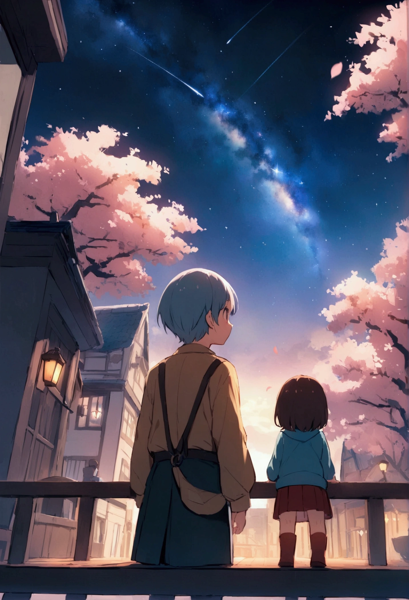 City of night、The sky is wonderful、meteor、3 year old little boy sitting on top of a building with 5 year old girl withnblue hair、Brown Hair、Back view、The city is bright with streetlights、Person Main、Highest quality、Anime Scenery、Xin Haichen、building、Field、Milky Way 110207, distant 3 year old little boy staring at
the performer,(Zoom out:1.1),(meteor:1.2)、(comet:1.1,yourname、Low Angle、From behind、Alola、shooting star、cherry blossoms、2 people Standing in the Field、Highest quality、masterpiece、cloud、colorful、Starry Sky、performer、