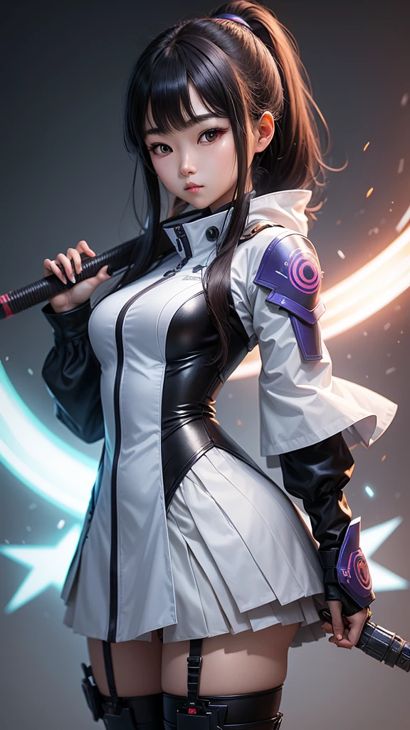 A korean girl holding a unique futuristic weapon in her hands
