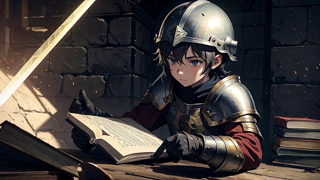 Boy in medieval armor, helmet, shield and a book in the hand from which I give a Spiritual Sword, War in the air against Light and Dark