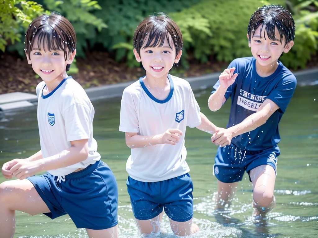 In the forest、Swimming in the river、Cool and refreshing water、e eleYear old boy、Boy in gym clothes、The bottom of the white T-shirt is blue、Blue shorts、The boys are playing、Get wet all over、Noisy boys、Splashing Water、Japanese、(Boy 1.4)