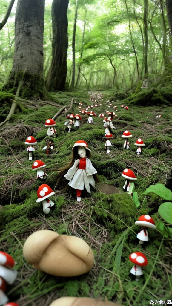 Small dolls, Japanese forest, full of dolls, lots of dolls, big mushrooms, walking dolls, scary