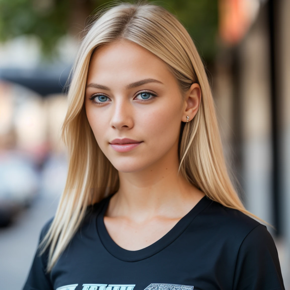 (, Front view: 1.4), (whole body: 1.4), RAW UHD portrait photo of a 24-year-old blonde (Blue Eyed Woman) Outside coffee shop , (t-shirt), (cleveage), Specific details (Texture!, hair!, shine, color!, shortcoming: 1.1), Bright eyes，Rich in details (Looking at the camera), SLR Lighting, reflection, Ultra-high quality, Resharpened, Depth of Field, Fuji XT3, Crystal clear, center of frame, Pretty Face, Clear focus, (Dark), night, (daytime), Fine skin pores, Oily skin, sunburn, Intricate eye details, whole body, Large target