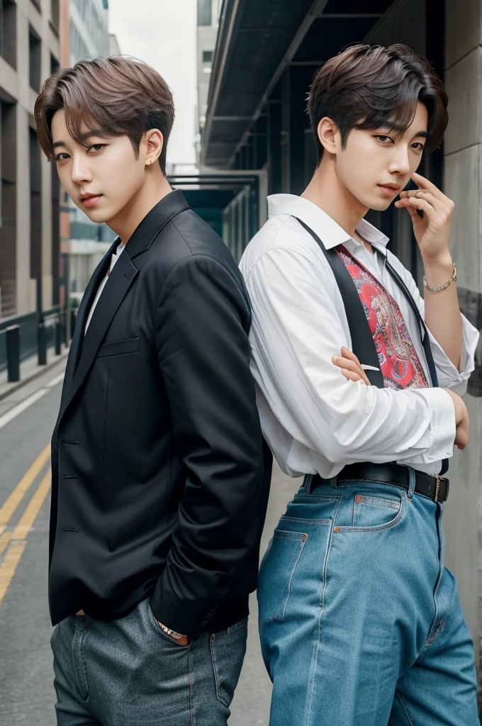 Refer the images of bts member kim namjoon and kim seokjin and create an couple image of them