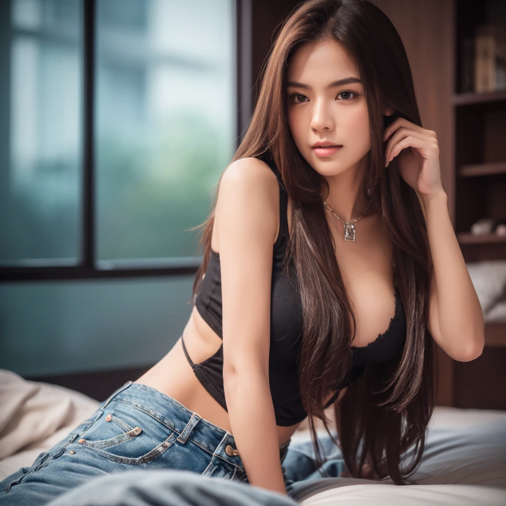 1girl, long hair, black tank top, jeans, silver necklace, standing, soft warm bedroom, elegant, half-body portrait, (best quality,4k,8k,highres,masterpiece:1.2),ultra-detailed,(realistic,photorealistic,photo-realistic:1.37),HDR,UHD,studio lighting,ultra-fine painting,sharp focus,physically-based rendering,extreme detail description,professional,vivid colors,bokeh,portrait