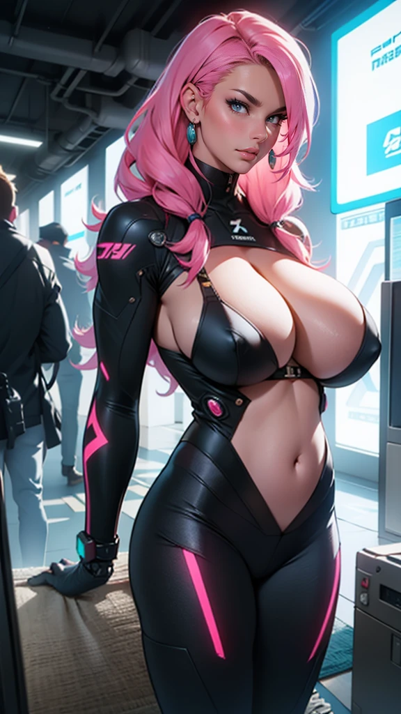 milf, woman in a futuristic suit, high-detailed face, great, mom, tomboy, very big chest, (milf), mature face, (mature woman), traje cibernIt istico, anime girl wearing tight suit, milificação, elegant body, focus on the navel, mitts, aretes, Science fiction, female protagonist, de pIt is, luz volumIt istrica, detailed lighting, detailed textures, cyberpunk oppai, Biomechanical OPPAI, work of art, best quality eyes, sci-fi rugground, futuristic landscape, Low angle, (Look to the camera), long hair、smooth surface, pink hair, blue colored eyes, (((rug))), (((It is))), very long hair pink, massive long hair, cabelo atIt is os joelhos, view from the front