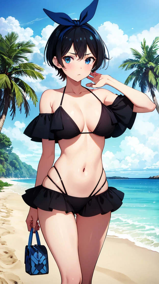 hand , blue eyes, Short black hair, Blue ribbon in hair, Mid-chest, One girl, Full nudity ,Thin pubic hair､ Beach, Beach path, Absurd, High resolution, Super sharp, 8K, masterpiece, View your viewers