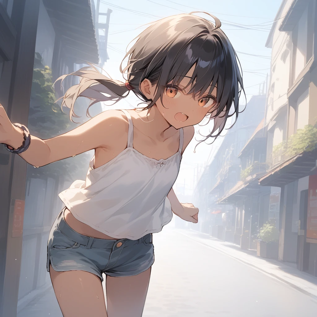 score_9, score_8_up, score_7_up, source_anime, best quality, masterpiece, official art, absurdres, highres, ultra-detailed,waifu2x,Collection: Slice of Life,break,1girl, tomboy, dark-skinned female, short hair, low ponytail, flat chest, beautiful detailed eyes, short shorts, sweat, open mouth, (yawn:0.3), sleepily, outdoors, wind,break,(clear line illustration:1.2), super detailed skin,very high resolution, very aesthetic, Best sexual lighting powered by famous artist, 8k,cute picture,beauty illustration,photoshop_(medium),,(Detailed Lighting),best anime 8k konachan wallpaper, pixiv contest winner,