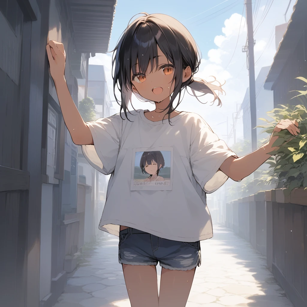 score_9, score_8_up, score_7_up, source_anime, best quality, masterpiece, official art, absurdres, highres, ultra-detailed,waifu2x,Collection: Slice of Life,break,1girl, tomboy, dark-skinned female, short hair, low ponytail, flat chest, beautiful detailed eyes, short shorts, sweat, open mouth, (yawn:0.3), sleepily, outdoors, wind,break,(clear line illustration:1.2), super detailed skin,very high resolution, very aesthetic, Best sexual lighting powered by famous artist, 8k,cute picture,beauty illustration,photoshop_(medium),,(Detailed Lighting),best anime 8k konachan wallpaper, pixiv contest winner, 