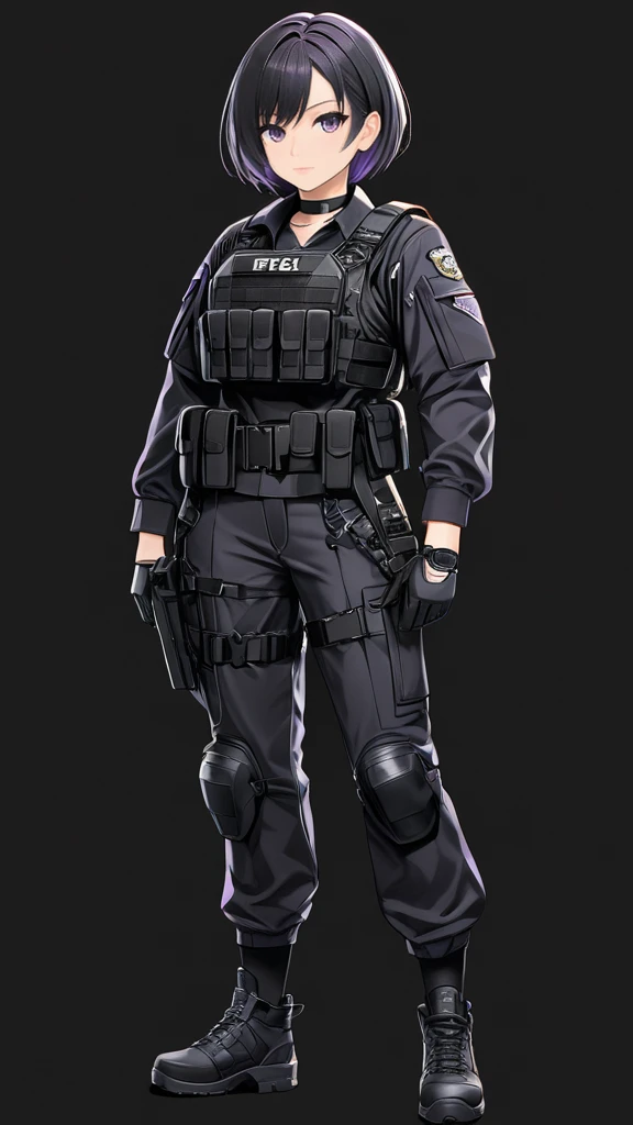 High-resolution anime digital art, Masterpiece, tomboy, mature, sexy, smart, short hair color pitch black, real detail eyes pupil purple, black chokers, wear Black FBI uniform, Full Body, Alone, Full Body, intricate, tactical gear, hyper detailed, sharp focus, physically-based rendering, (black background:1.1)