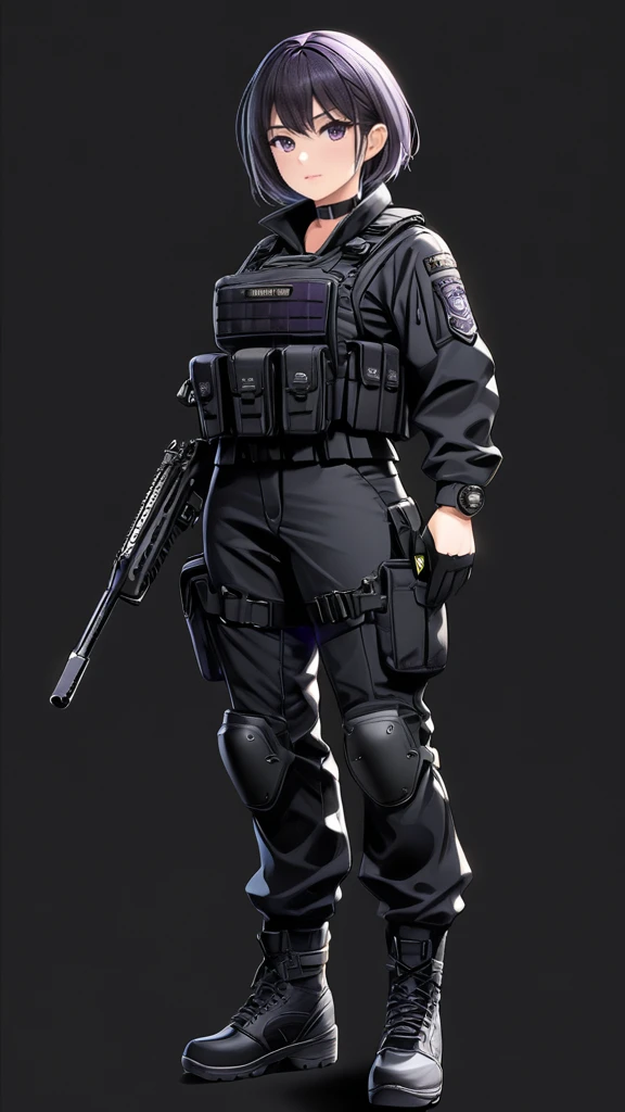 High-resolution anime digital art, Masterpiece, tomboy, mature, sexy, smart, short hair color pitch black, real detail eyes pupil purple, black chokers, wear Black FBI uniform, Full Body, Alone, Full Body, intricate, tactical gear, hyper detailed, sharp focus, physically-based rendering, (black background:1.1)
